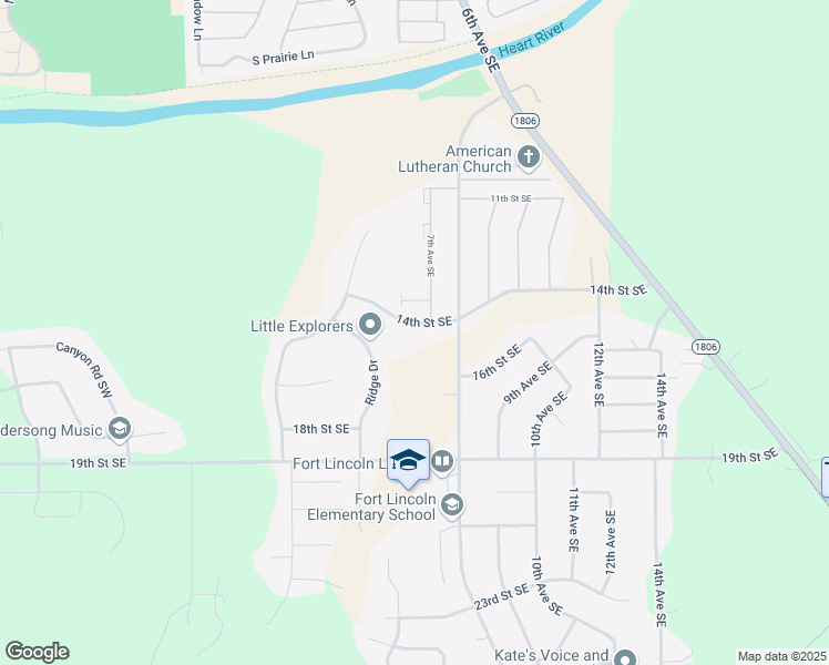 map of restaurants, bars, coffee shops, grocery stores, and more near 721 14th Street Southeast in Mandan