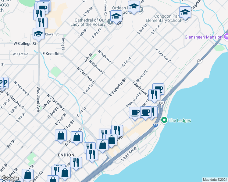 map of restaurants, bars, coffee shops, grocery stores, and more near in Duluth