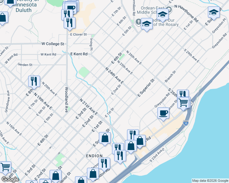 map of restaurants, bars, coffee shops, grocery stores, and more near 2301 East 2nd Street in Duluth