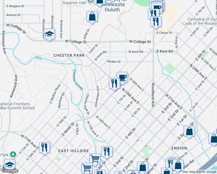 map of restaurants, bars, coffee shops, grocery stores, and more near 1814 East Ninth Street in Duluth