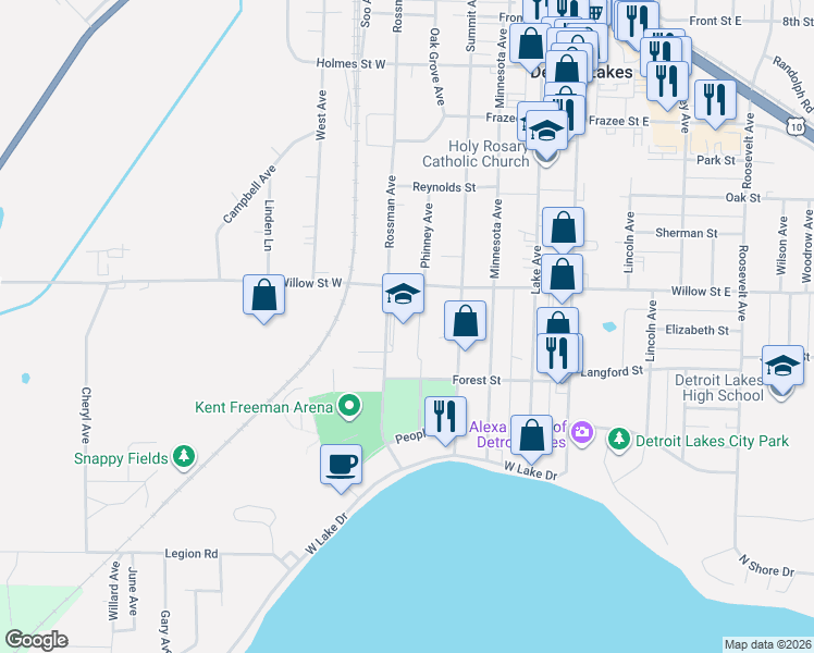 map of restaurants, bars, coffee shops, grocery stores, and more near 1214 Summit Avenue in Detroit Lakes