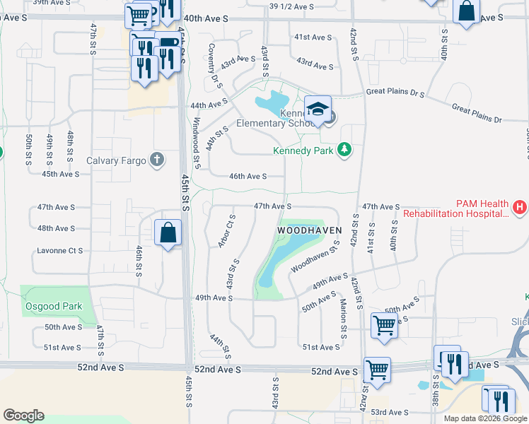map of restaurants, bars, coffee shops, grocery stores, and more near 4702 43rd Street South in Fargo