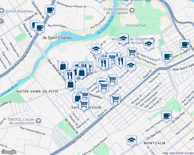 map of restaurants, bars, coffee shops, grocery stores, and more near 567 Rue Saint-Bonaventure in Québec