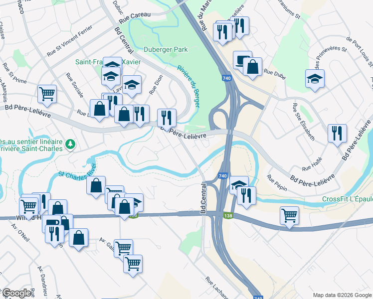 map of restaurants, bars, coffee shops, grocery stores, and more near 2410 Boulevard Central in Quebec