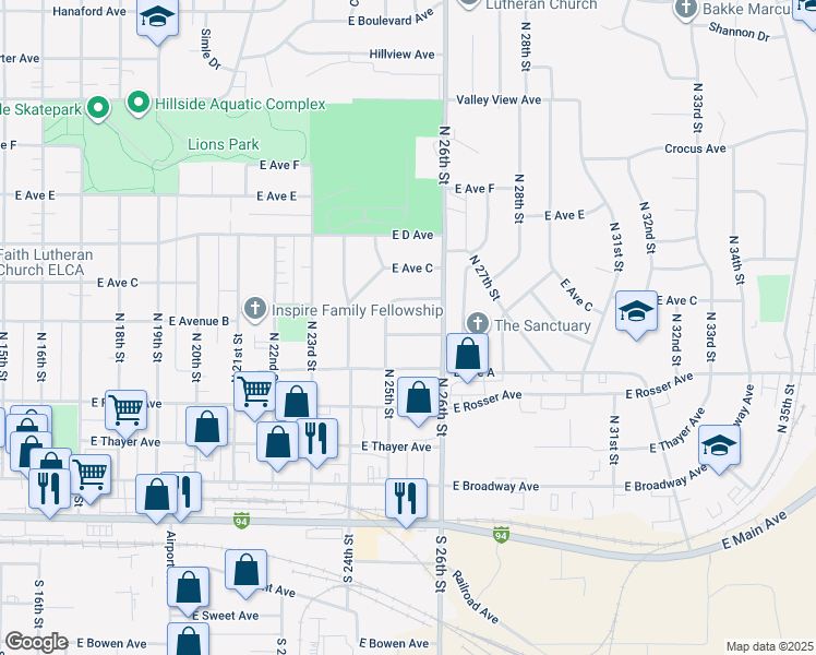 map of restaurants, bars, coffee shops, grocery stores, and more near 2516 East Avenue B in Bismarck