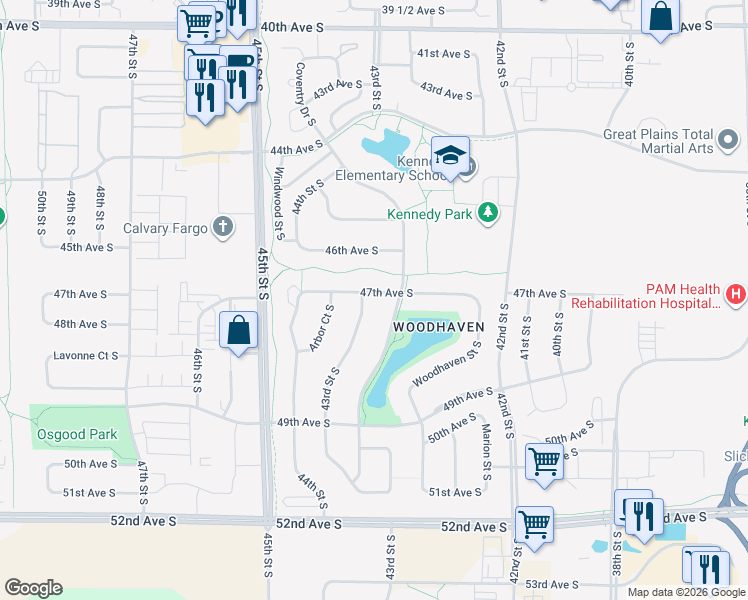 map of restaurants, bars, coffee shops, grocery stores, and more near 4702 43rd Street South in Fargo