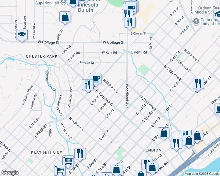 map of restaurants, bars, coffee shops, grocery stores, and more near 623 North 20th Avenue East in Duluth