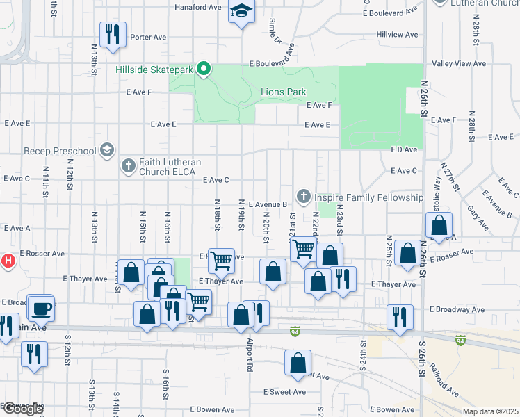 map of restaurants, bars, coffee shops, grocery stores, and more near 524 North 20th Street in Bismarck