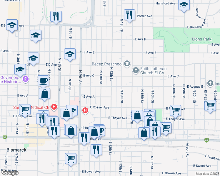 map of restaurants, bars, coffee shops, grocery stores, and more near 522 North 12th Street in Bismarck