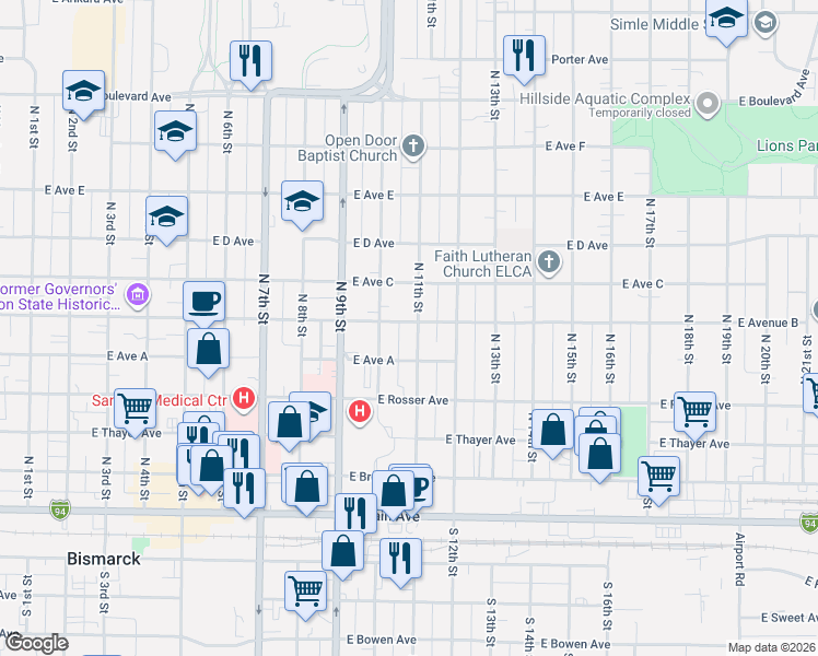 map of restaurants, bars, coffee shops, grocery stores, and more near 1049-1099 East Ave B in Bismarck