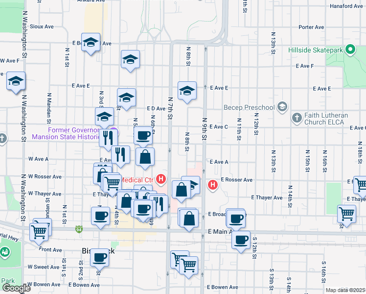 map of restaurants, bars, coffee shops, grocery stores, and more near 725 East Avenue B in Bismarck