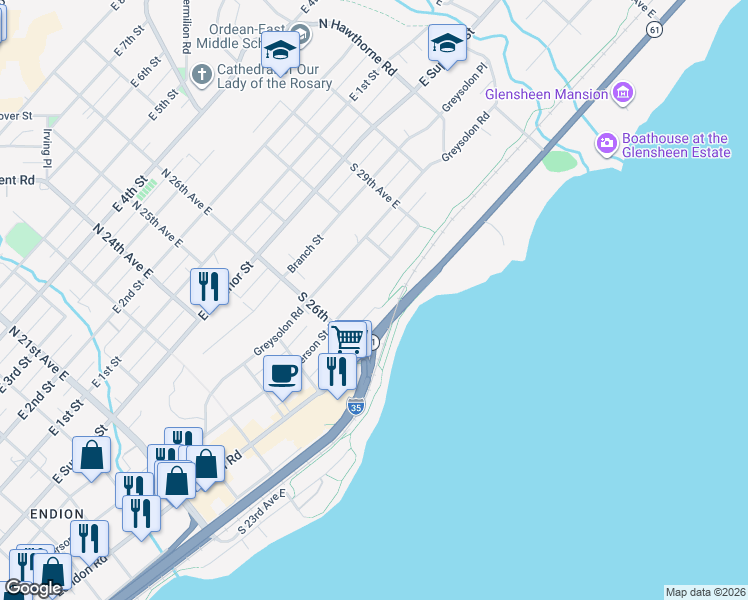 map of restaurants, bars, coffee shops, grocery stores, and more near 2702 Jefferson Street in Duluth