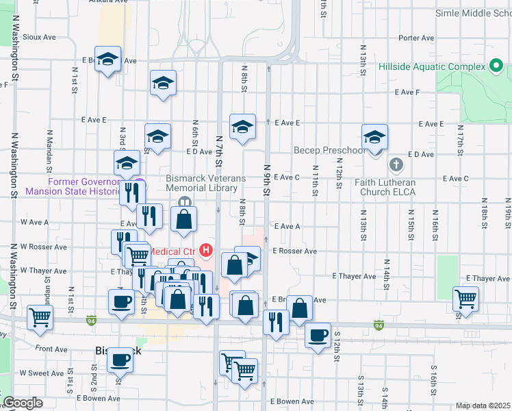 map of restaurants, bars, coffee shops, grocery stores, and more near 813 East Avenue B in Bismarck
