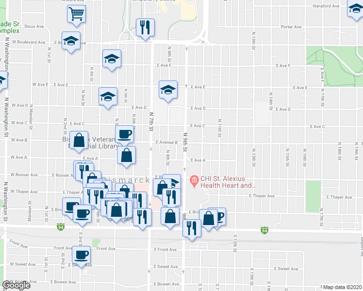 map of restaurants, bars, coffee shops, grocery stores, and more near 813 East Avenue B in Bismarck