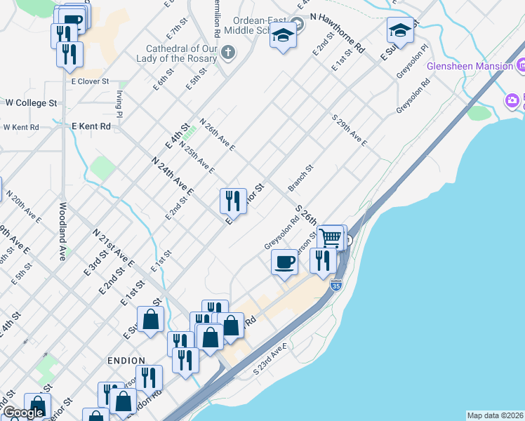 map of restaurants, bars, coffee shops, grocery stores, and more near 2511 Branch Street in Duluth