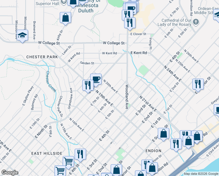 map of restaurants, bars, coffee shops, grocery stores, and more near 623 North 20th Avenue East in Duluth