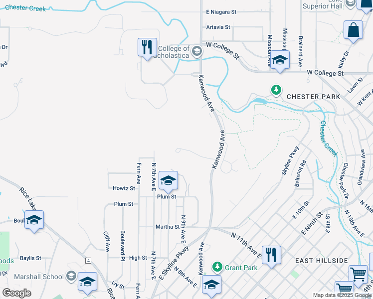 map of restaurants, bars, coffee shops, grocery stores, and more near 902 Partridge Street in Duluth