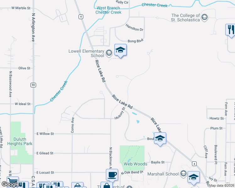 map of restaurants, bars, coffee shops, grocery stores, and more near 1806 Rice Lake Road in Duluth
