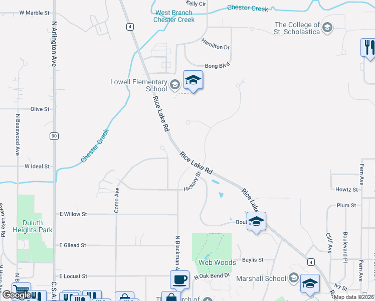 map of restaurants, bars, coffee shops, grocery stores, and more near 1806 Rice Lake Road in Duluth