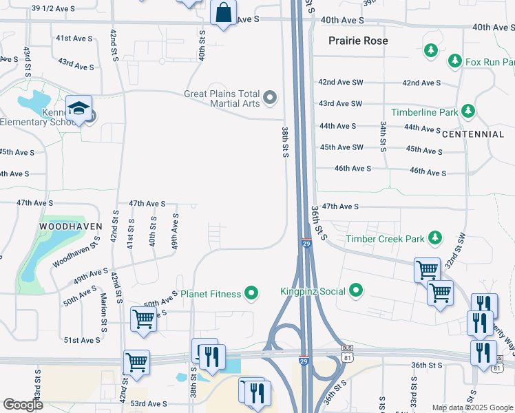 map of restaurants, bars, coffee shops, grocery stores, and more near 4563-4925 38th Street Southwest in Fargo