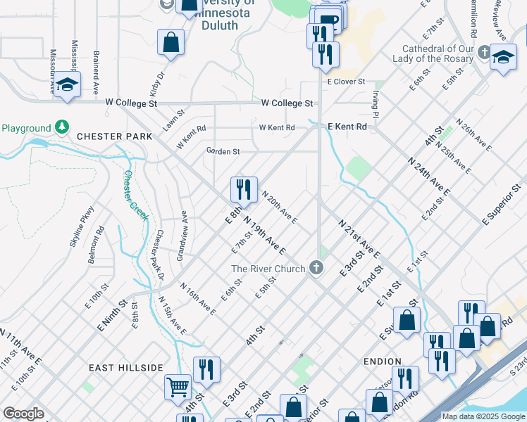 map of restaurants, bars, coffee shops, grocery stores, and more near 1919 East 7th Street in Duluth