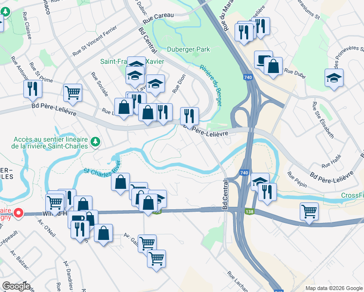 map of restaurants, bars, coffee shops, grocery stores, and more near 2075 Rue de la Presqu'île in Québec