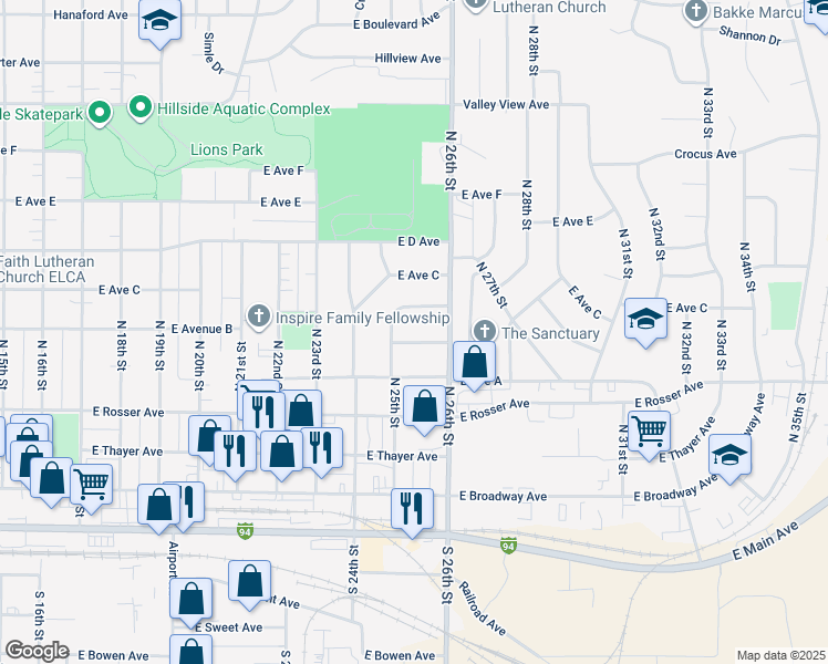 map of restaurants, bars, coffee shops, grocery stores, and more near 2516 E B Ave in Bismarck