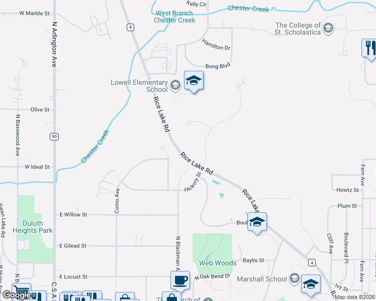 map of restaurants, bars, coffee shops, grocery stores, and more near 1806 Rice Lake Road in Duluth