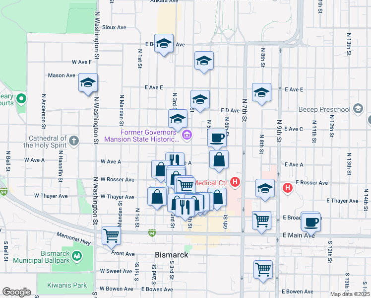 map of restaurants, bars, coffee shops, grocery stores, and more near 323 East Avenue B in Bismarck