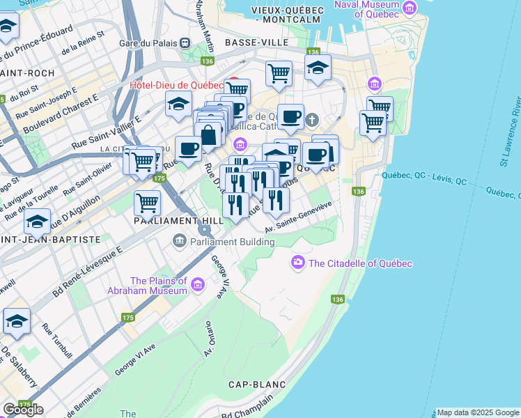 map of restaurants, bars, coffee shops, grocery stores, and more near 72 Rue Sainte-Ursule in Quebec City