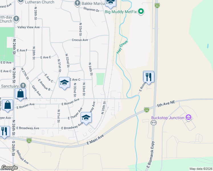 map of restaurants, bars, coffee shops, grocery stores, and more near 617 North 35th Street in Bismarck