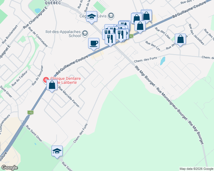 map of restaurants, bars, coffee shops, grocery stores, and more near 7145 Chemin des Forts in Lévis