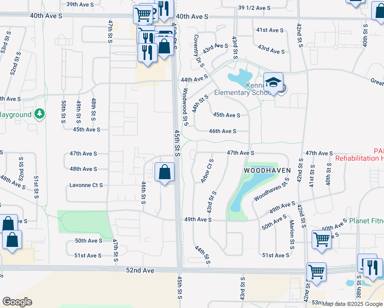 map of restaurants, bars, coffee shops, grocery stores, and more near 4721 44th Street South in Fargo