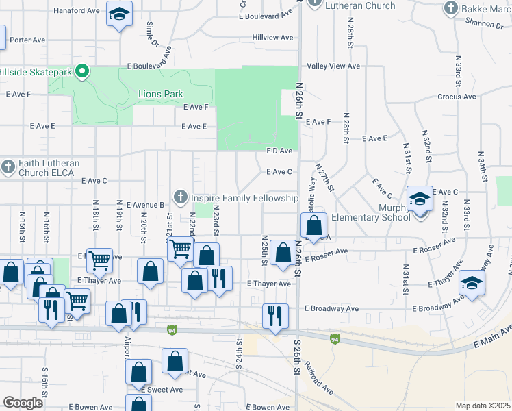 map of restaurants, bars, coffee shops, grocery stores, and more near 606 North 25th Street in Bismarck