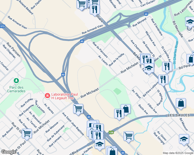 map of restaurants, bars, coffee shops, grocery stores, and more near 3405 Rue Pierre-Ardouin in Québec