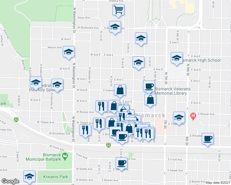map of restaurants, bars, coffee shops, grocery stores, and more near 518 North 3rd Street in Bismarck