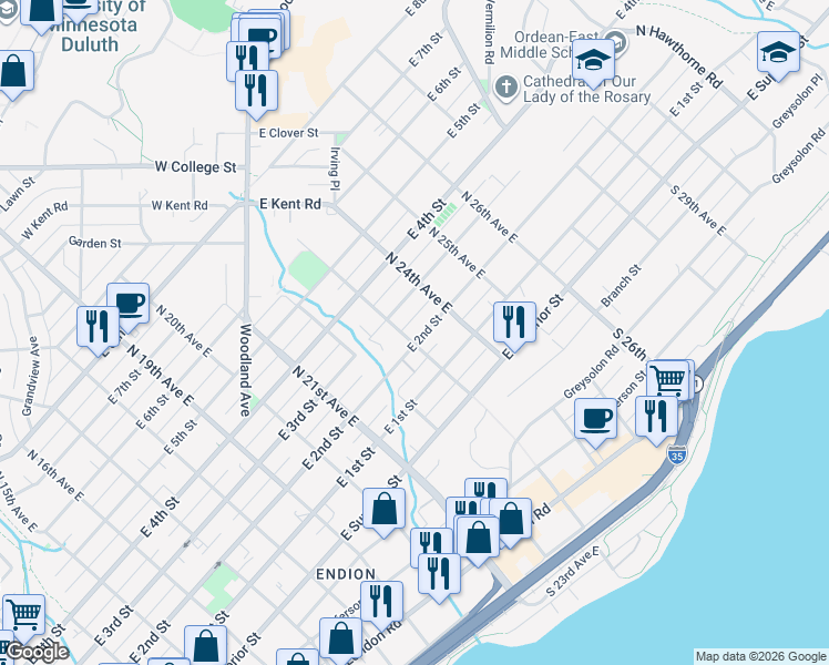 map of restaurants, bars, coffee shops, grocery stores, and more near 2301 East 2nd Street in Duluth