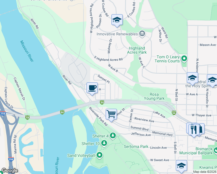 map of restaurants, bars, coffee shops, grocery stores, and more near 438 Sunset Place in Bismarck