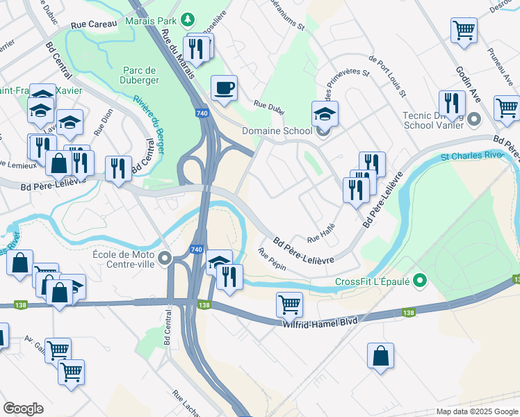 map of restaurants, bars, coffee shops, grocery stores, and more near 1780 Boulevard Père-Lelièvre in Québec
