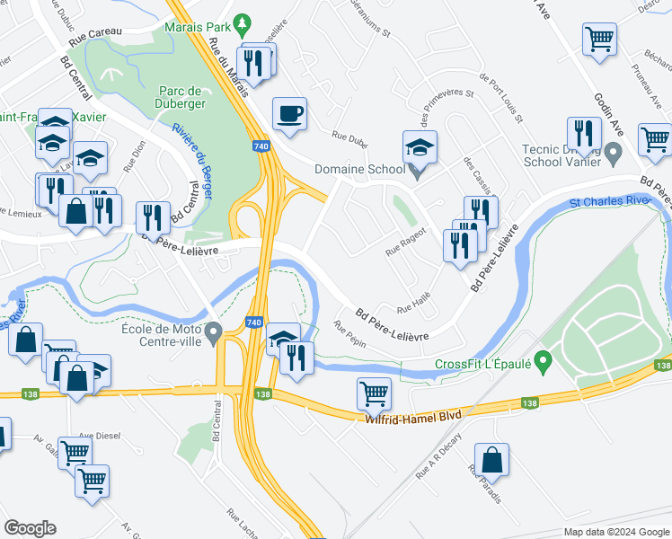 map of restaurants, bars, coffee shops, grocery stores, and more near 1780 Boulevard Père-Lelièvre in Québec