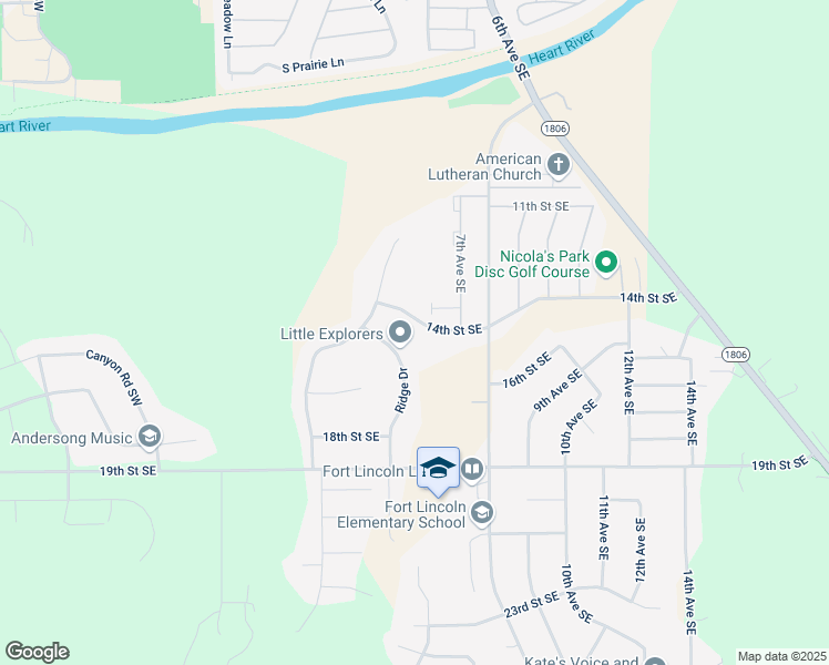 map of restaurants, bars, coffee shops, grocery stores, and more near 1600 Ridge Drive in Mandan