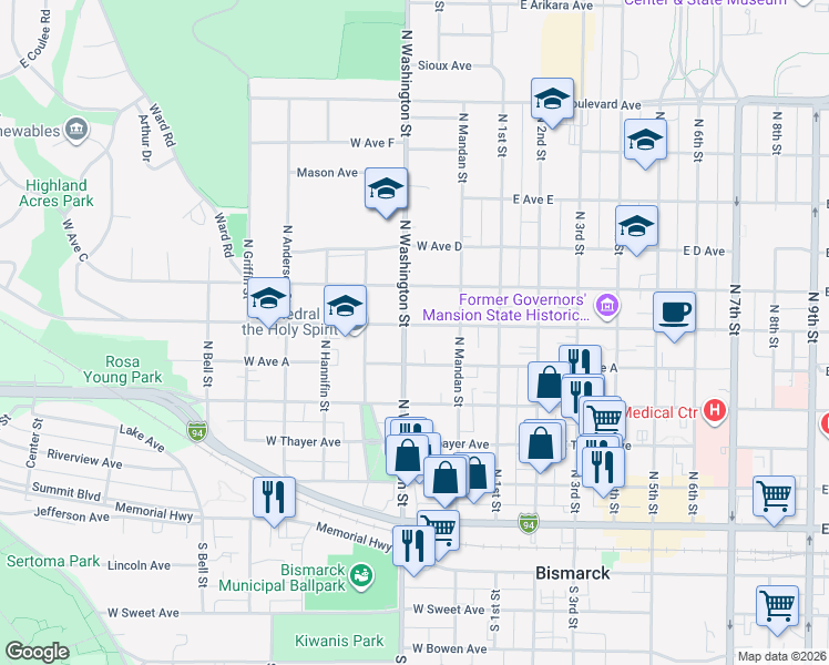 map of restaurants, bars, coffee shops, grocery stores, and more near 521 North Washington Street in Bismarck