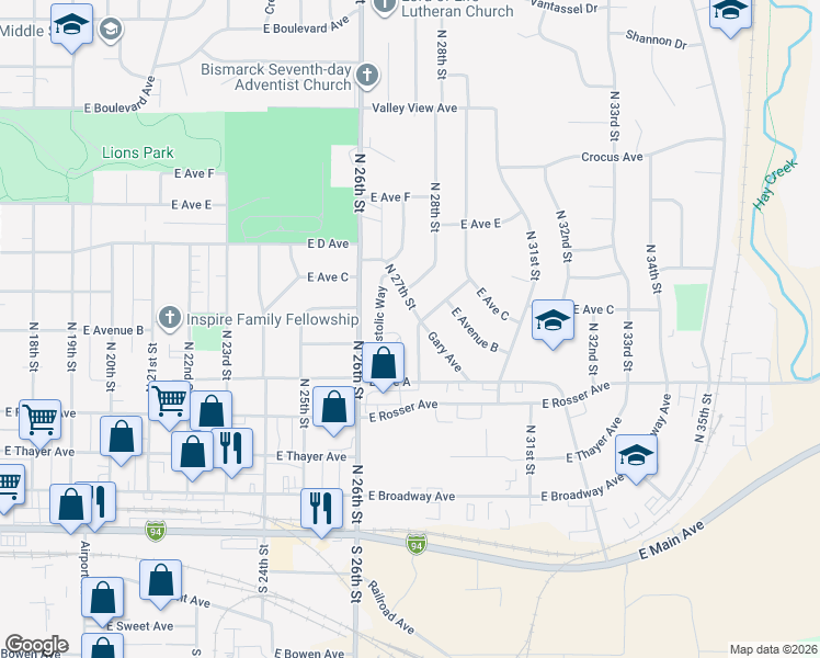 map of restaurants, bars, coffee shops, grocery stores, and more near 538 North 27th Street in Bismarck