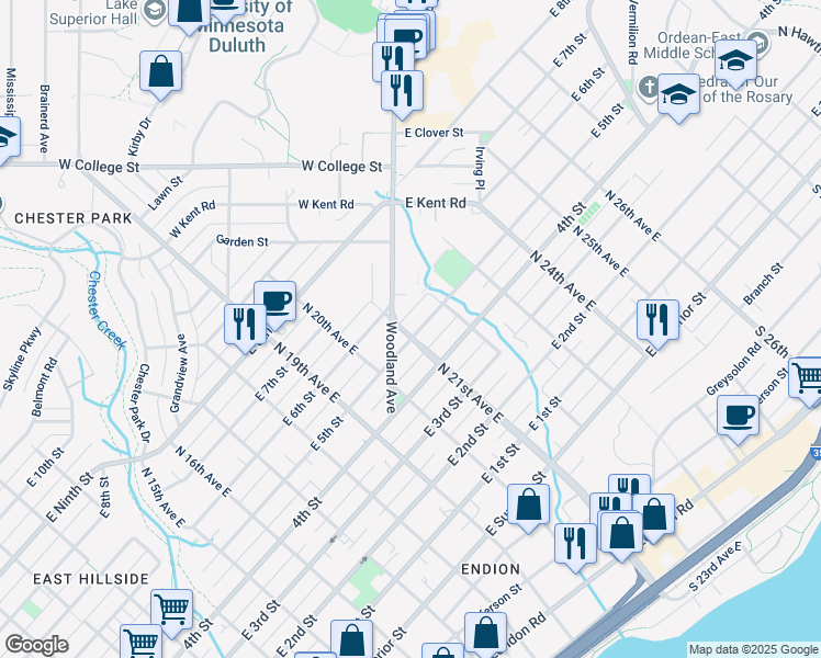 map of restaurants, bars, coffee shops, grocery stores, and more near 2101 East 5th Street in Duluth