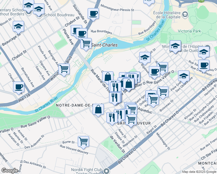 map of restaurants, bars, coffee shops, grocery stores, and more near 55 Rue d'Ailleboust in Québec