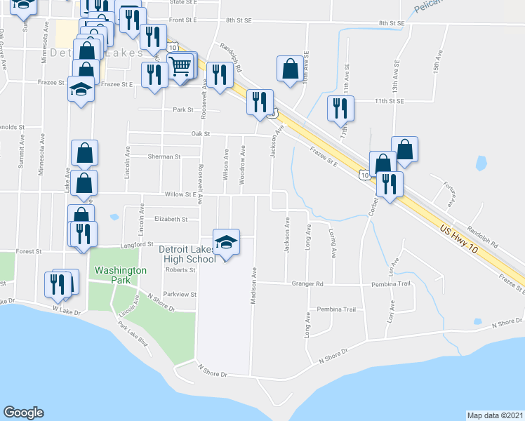 map of restaurants, bars, coffee shops, grocery stores, and more near 1211 Madison Avenue in Detroit Lakes