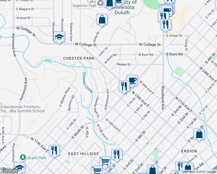map of restaurants, bars, coffee shops, grocery stores, and more near 908 Grandview Avenue in Duluth