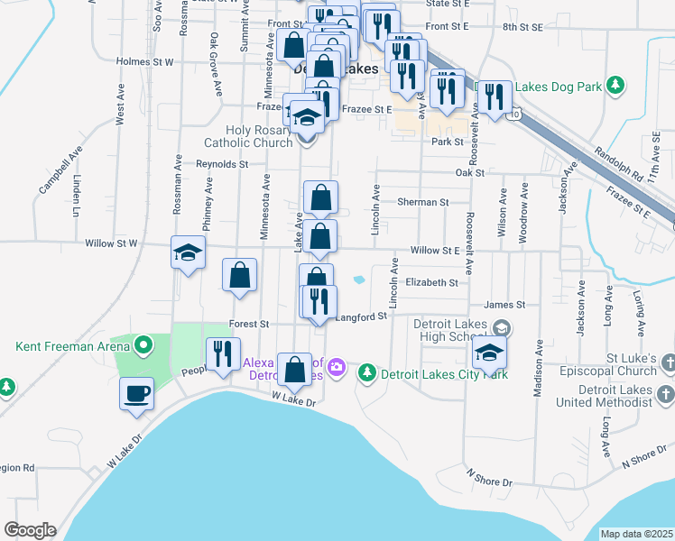 map of restaurants, bars, coffee shops, grocery stores, and more near 1215 Washington Avenue in Detroit Lakes