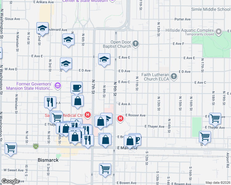 map of restaurants, bars, coffee shops, grocery stores, and more near 813 East Avenue B in Bismarck