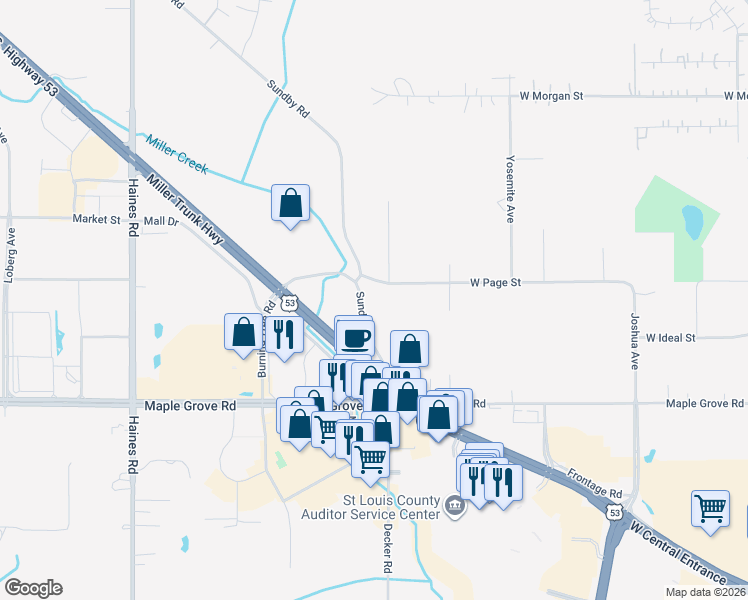 map of restaurants, bars, coffee shops, grocery stores, and more near 1805 Sundby Road in Duluth